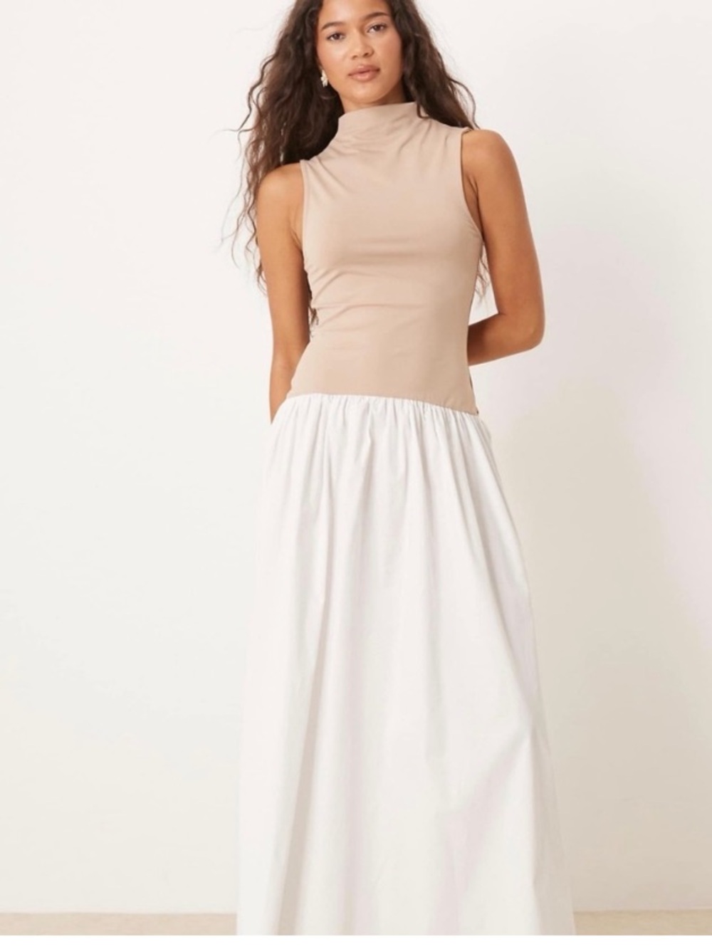 ASOS | Mixed Media Maxi Dress | Drop Waist High Neck | Tan/White | XS